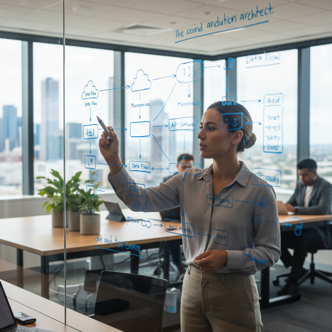 DevPro solution architect sketching systems map and architecture diagram on digital whiteboard.