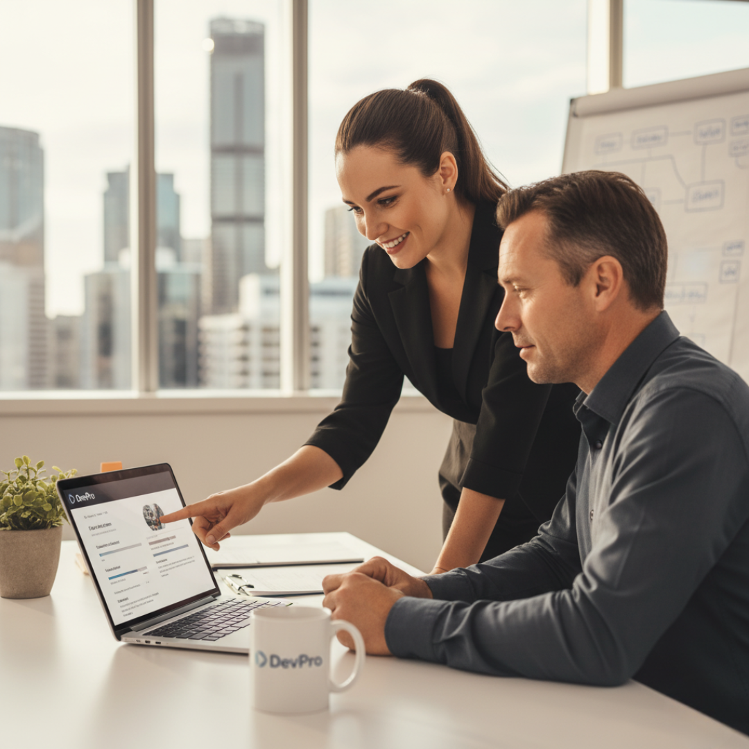 DevPro support engineer assisting Australian SME owner with system updates and custom software.