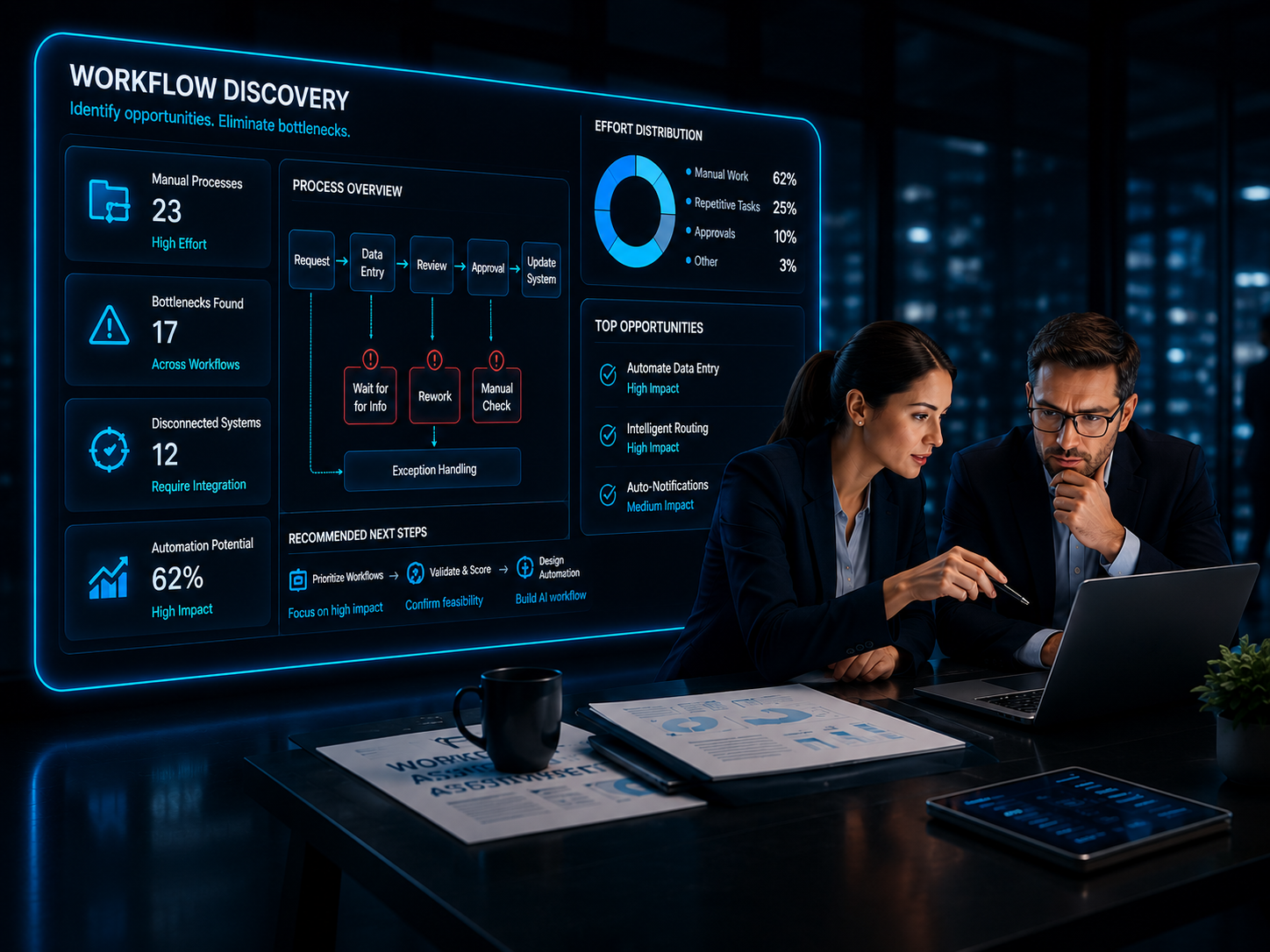 AI workflow discovery session showing business process analysis, automation opportunities, disconnected systems, and operational bottleneck mapping